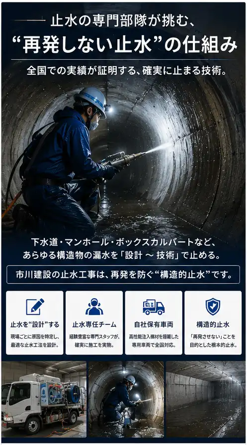 止水工事・止水処理の専門施工イメージ｜下水道トンネル内で漏水対策を行う市川建設の構造的止水工事